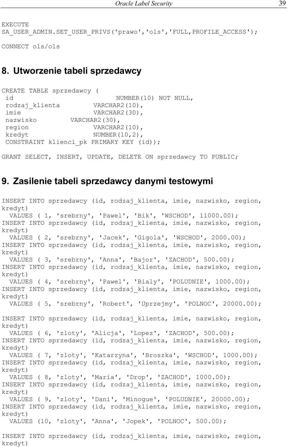 CONSTRAINT klienci_pk PRIMARY KEY (id)); GRANT SELECT, INSERT, UPDATE, DELETE ON sprzedawcy TO PUBLIC; 9.