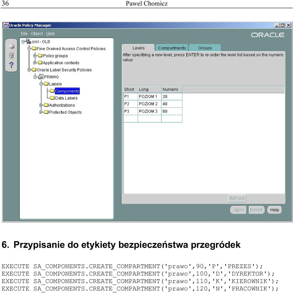 CREATE_COMPARTMENT('prawo',90,'P','PREZES'); EXECUTE SA_COMPONENTS.