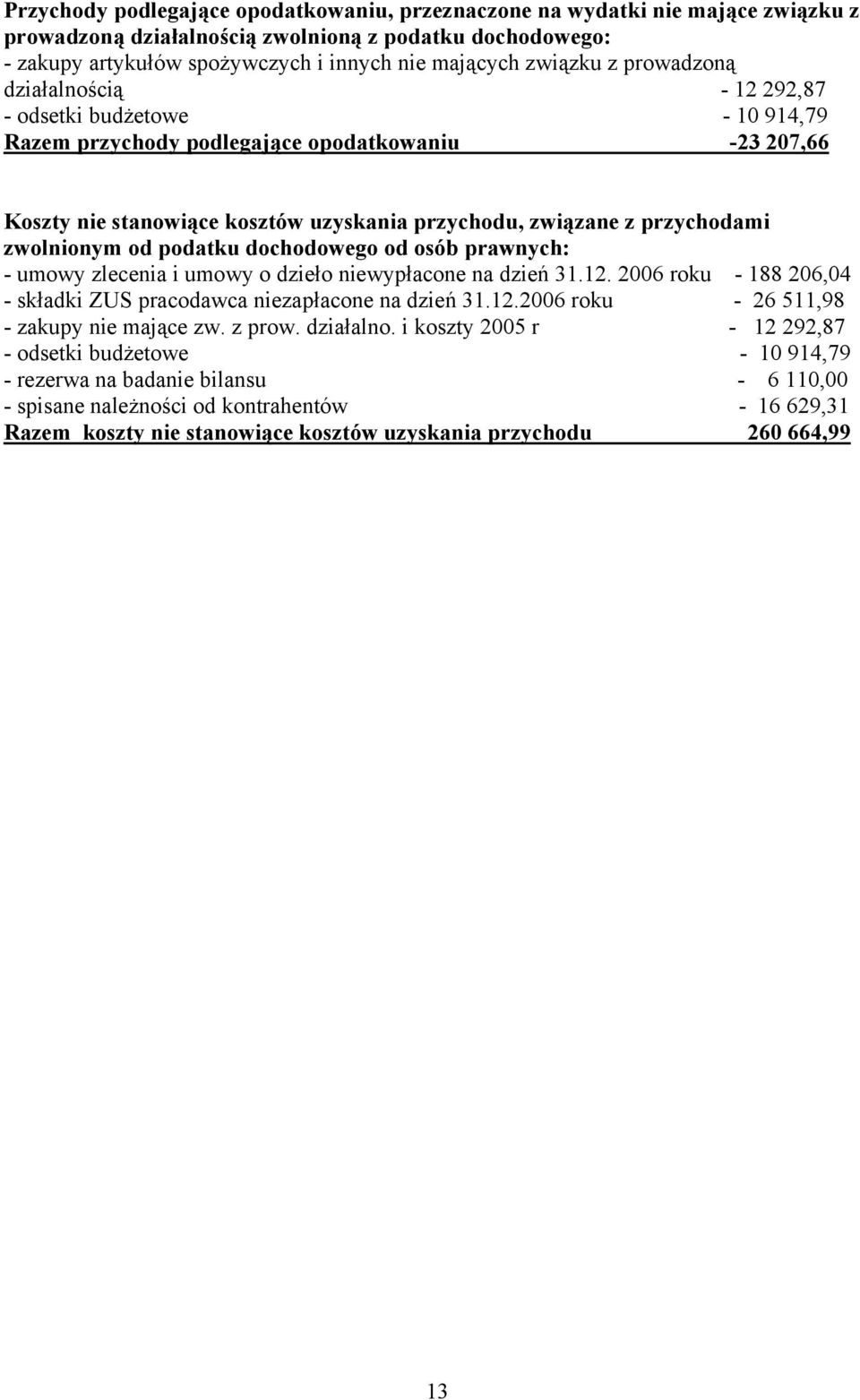 przychodami zwolnionym od podatku dochodowego od osób prawnych: - umowy zlecenia i umowy o dzieło niewypłacone na dzień 31.12. 2006 roku - 188 206,04 - składki ZUS pracodawca niezapłacone na dzień 31.