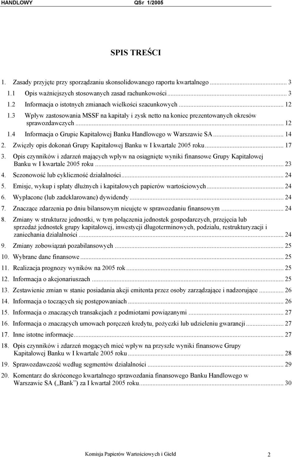 Zwięzły opis dokonań Grupy Kapitałowej Banku w I kwartale 2005 roku... 17 3. Opis czynników i zdarzeń mających wpływ na osiągnięte wyniki finansowe Grupy Kapitałowej Banku w I kwartale 2005 roku.