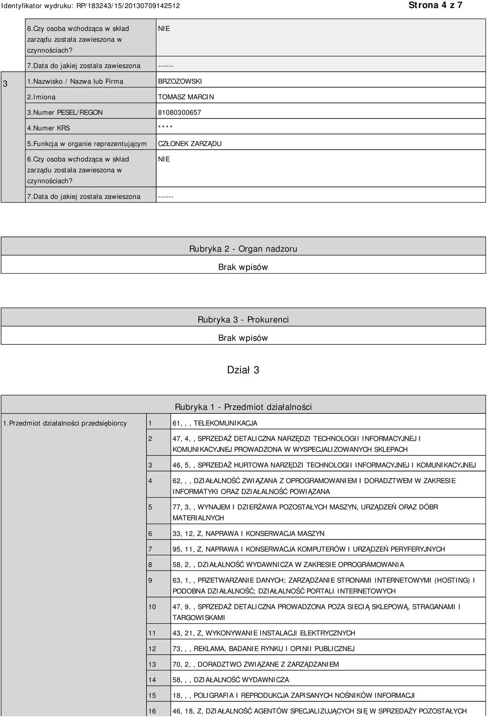 Data do jakiej została zawieszona ------ Rubryka 2 - Organ nadzoru Rubryka 3 - Prokurenci Dział 3 Rubryka 1 - Przedmiot działalności 1.