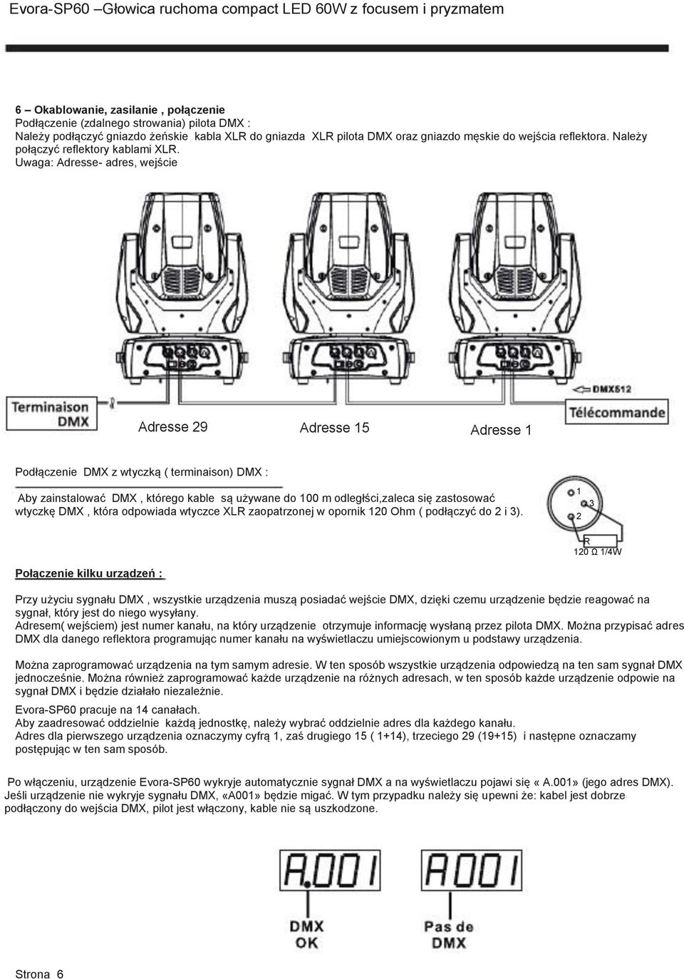 Uwaga: Adresse- adres, wejście Adresse 29 Adresse 15 Adresse 1 Podłączenie DMX z wtyczką ( terminaison) DMX : Aby zainstalować DMX, którego kable są używane do 100 m odległści,zaleca się zastosować