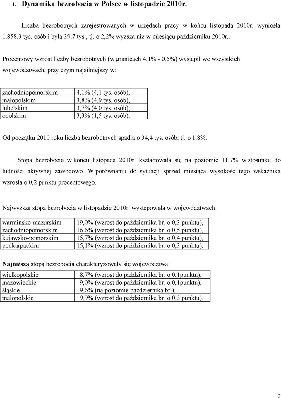 Procentowy wzrost liczby bezrobotnych (w granicach 4,1% - 0,5%) wystąpił we wszystkich województwach, przy czym najsilniejszy w: zachodniopomorskim małopolskim lubelskim opolskim 4,1% (4,1 tys.