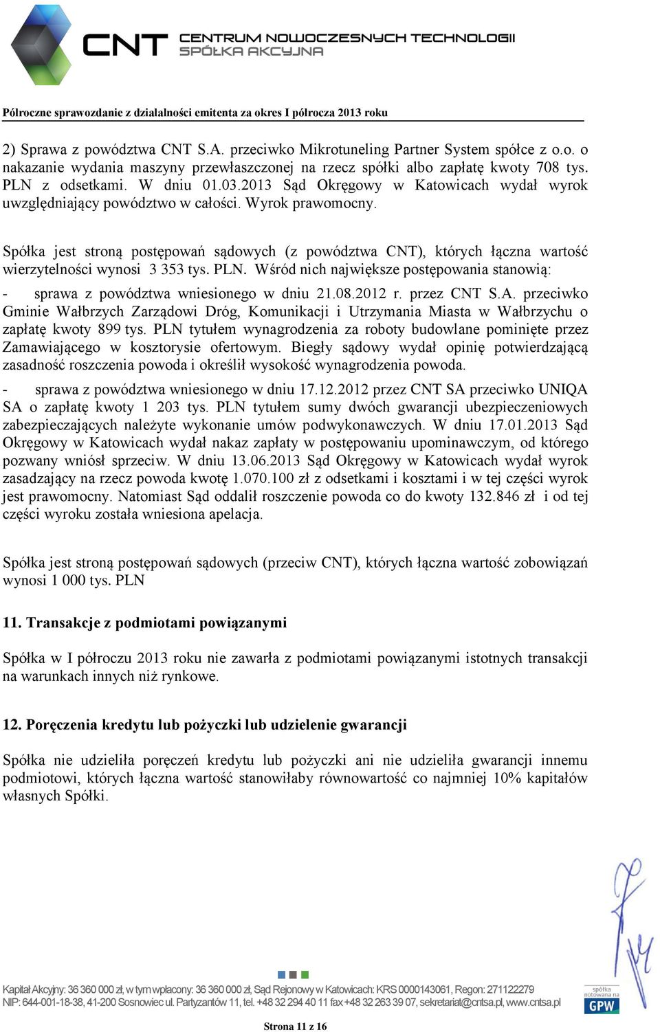 Spółka jest stroną postępowań sądowych (z powództwa CNT), których łączna wartość wierzytelności wynosi 3 353 tys. PLN.