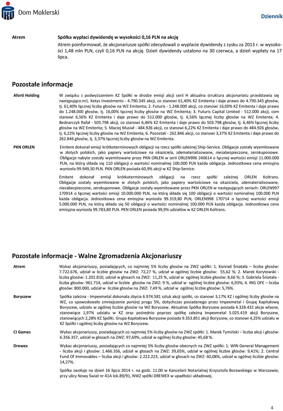 Pozostałe informacje Aforti Holding PKN ORLEN W związku z podwyższeniem KZ Spółki w drodze emisji akcji serii H aktualna struktura akcjonariatu przedstawia się następująco:m1. Ketys Investments - 4.