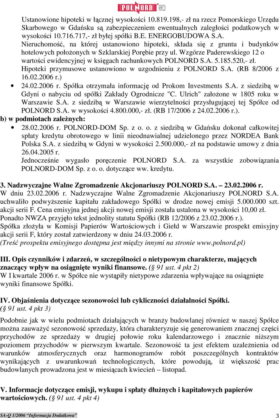 Wzgórze Paderewskiego 12 o wartości ewidencyjnej w księgach rachunkowych POLNORD S.A. 5.185.520,- zł. Hipoteki przymusowe ustanowiono w uzgodnieniu z POLNORD S.A. (RB 8/2006 z 16.02.2006 r.