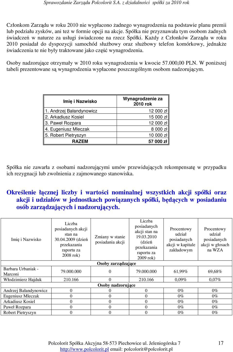 KaŜdy z Członków Zarządu w roku 2010 posiadał do dyspozycji samochód słuŝbowy oraz słuŝbowy telefon komórkowy, jednakŝe świadczenia te nie były traktowane jako część wynagrodzenia.