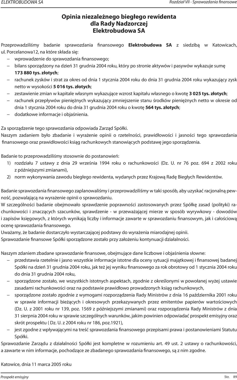 Porcelanowa12, na które składa się: wprowadzenie do sprawozdania finansowego; bilans sporządzony na dzień 31 grudnia 2004 roku, który po stronie aktywów i pasywów wykazuje sumę 173 880 tys.