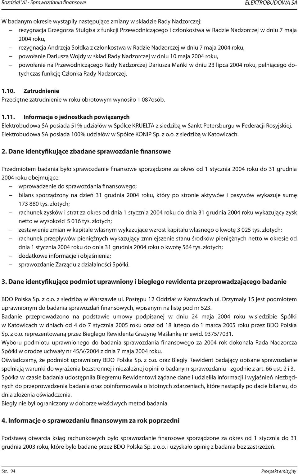 powołanie na Przewodniczącego Rady Nadzorczej Dariusza Mańki w dniu 23 lipca 2004 roku, pełniącego dotychczas funkcję Członka Rady Nadzorczej. 1.10.