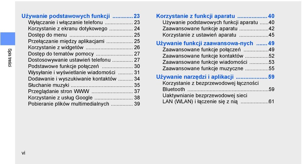 .. 31 Dodawanie i wyszukiwanie kontaktów... 34 Słuchanie muzyki... 35 Przeglądanie stron WWW... 37 Korzystanie z usług Google... 38 Pobieranie plików multimedialnych... 39 Korzystanie z funkcji aparatu.