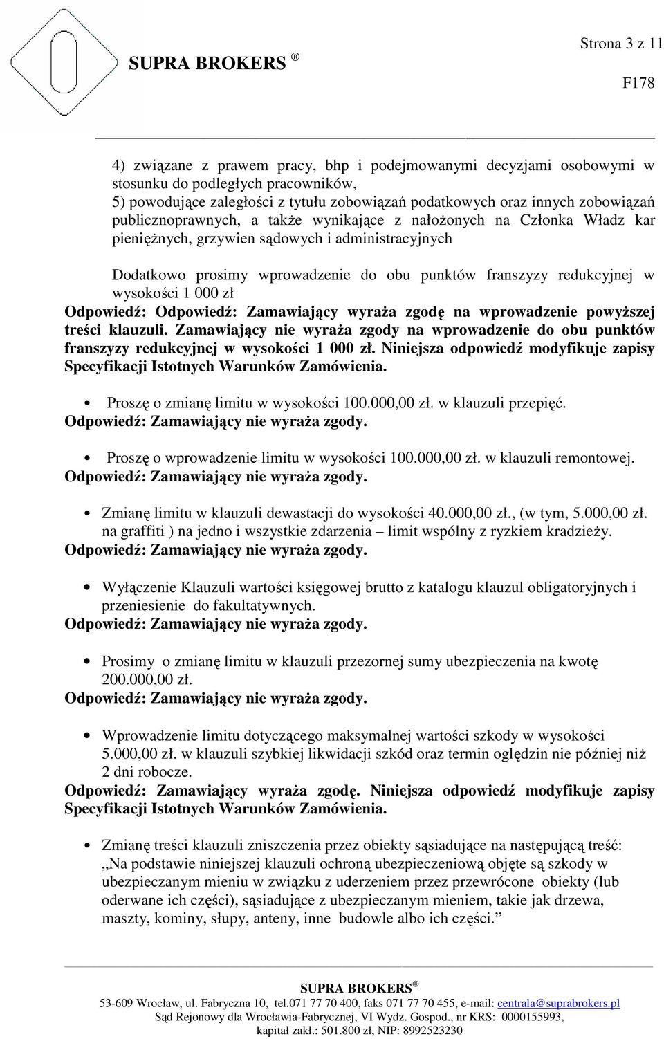 wysokości 1 000 zł Odpowiedź: Odpowiedź: Zamawiający wyraŝa zgodę na wprowadzenie powyŝszej treści klauzuli.