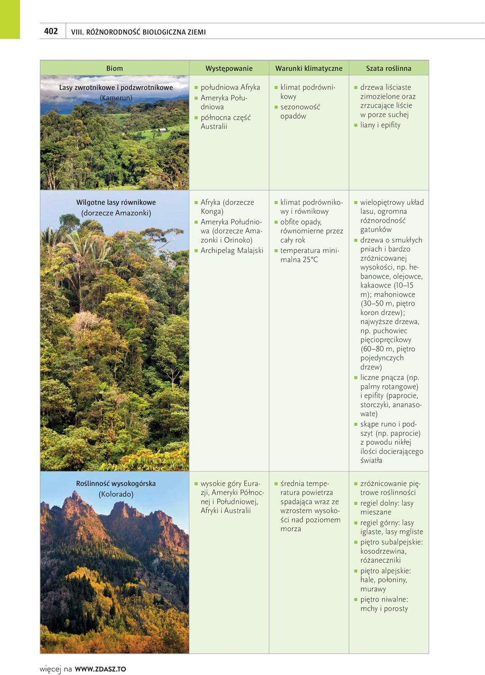 podrównikowy sezonowość opadów drzewa liściaste zimozielone oraz zrzucające liście w porze suchej liany i epifity Wilgotne lasy równikowe (dorzecze Amazonki) Afryka (dorzecze Konga) Ameryka