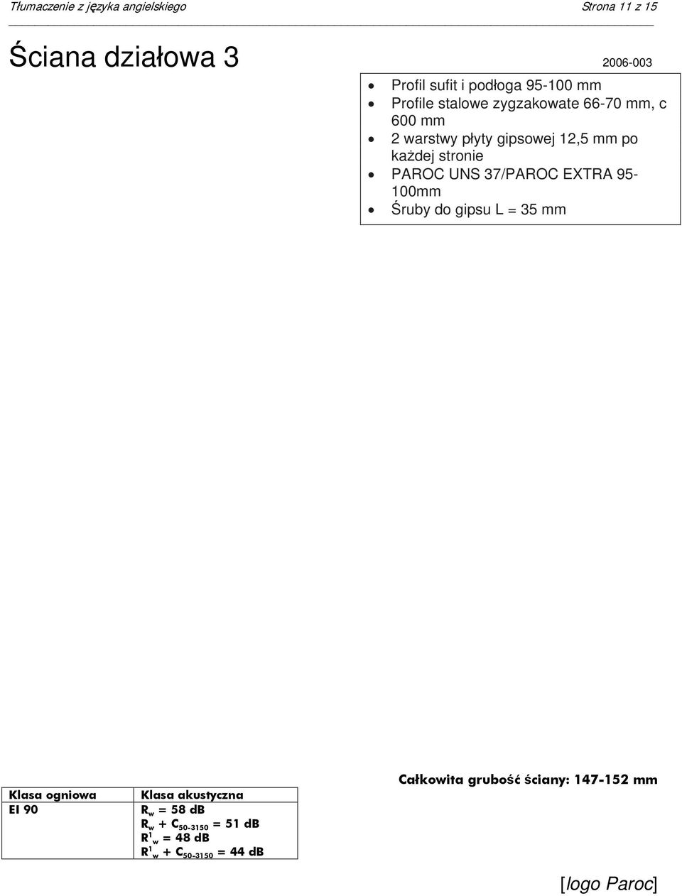 UNS 37/PAROC EXTRA 95-100mm Śruby do gipsu L = 35 mm Klasa ogniowa EI 90 Klasa akustyczna R w = 58 db R w