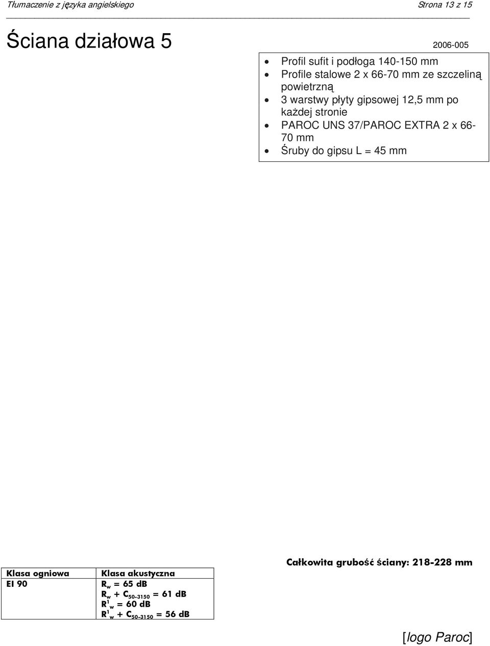 UNS 37/PAROC EXTRA 2 x 66-70 mm Śruby do gipsu L = 45 mm Klasa ogniowa EI 90 Klasa akustyczna R w = 65 db R w