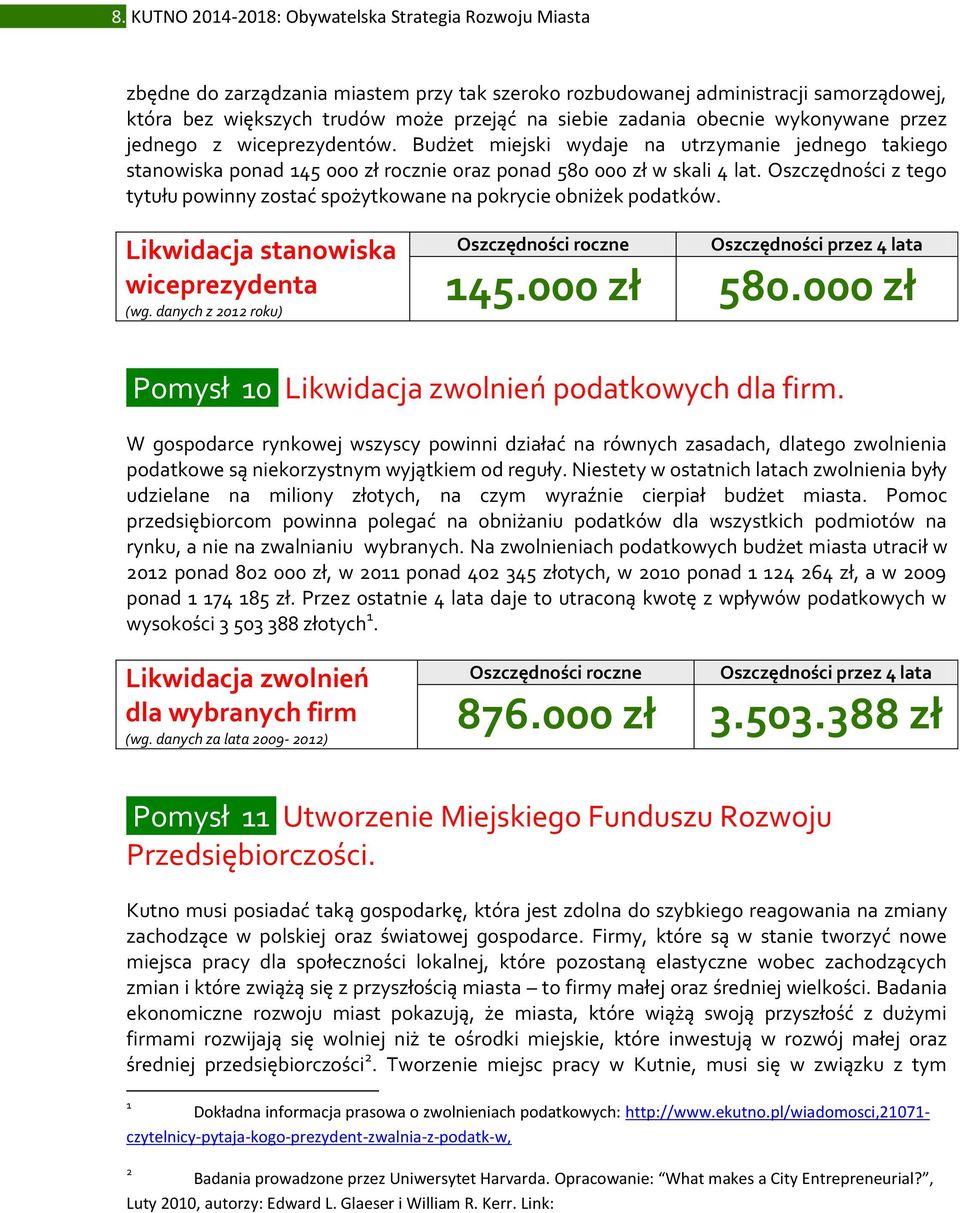 Oszczędności z tego tytułu powinny zostać spożytkowane na pokrycie obniżek podatków. Likwidacja stanowiska wiceprezydenta (wg. danych z 2012 roku) Oszczędności roczne Oszczędności przez 4 lata 145.