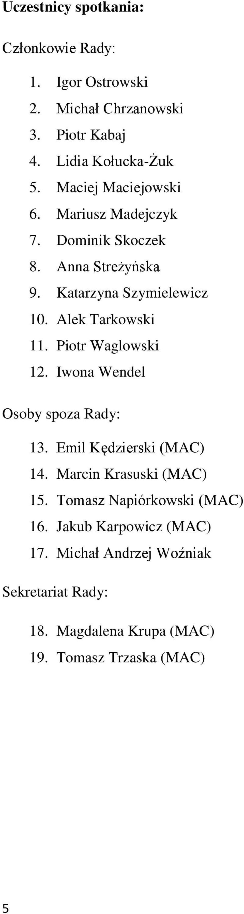 Piotr Waglowski 12. Iwona Wendel Osoby spoza Rady: 13. Emil Kędzierski (MAC) 14. Marcin Krasuski (MAC) 15.