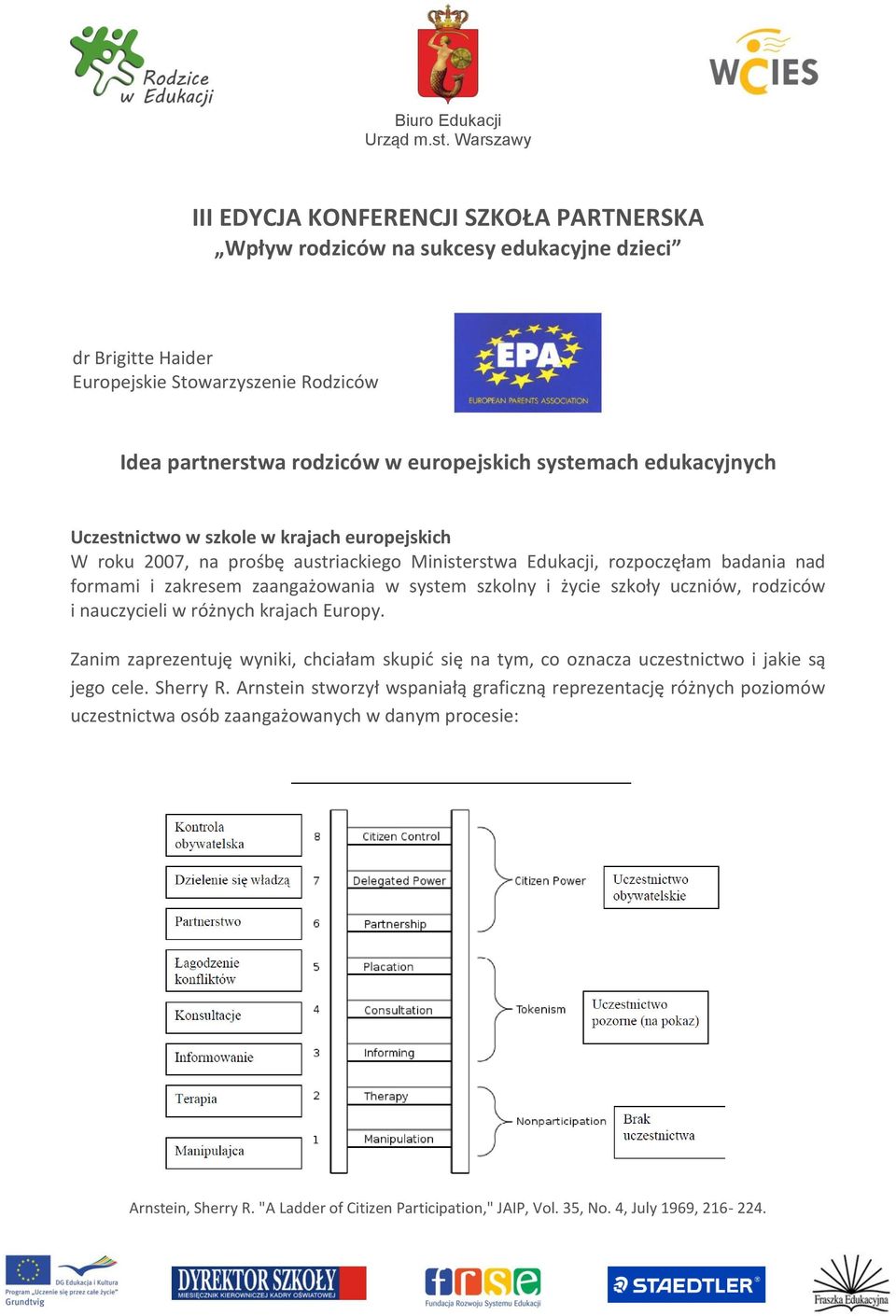 życie szkoły uczniów, rodziców i nauczycieli w różnych krajach Europy. Zanim zaprezentuję wyniki, chciałam skupić się na tym, co oznacza uczestnictwo i jakie są jego cele. Sherry R.