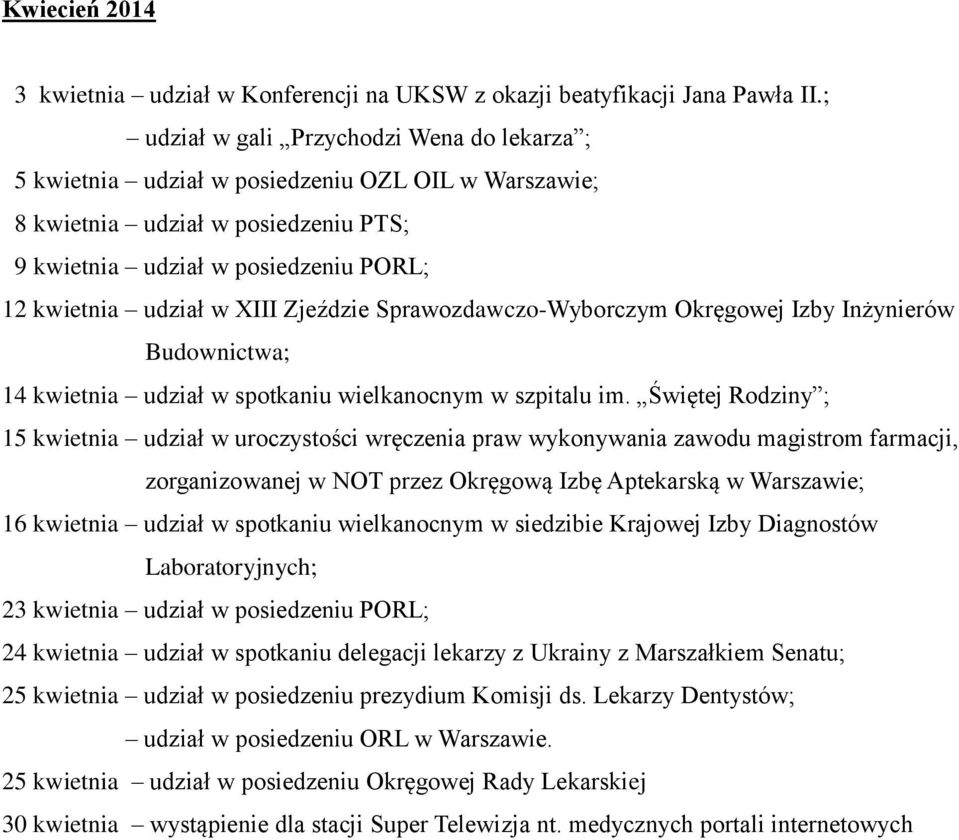 Zjeździe Sprawozdawczo-Wyborczym Okręgowej Izby Inżynierów Budownictwa; 14 kwietnia udział w spotkaniu wielkanocnym w szpitalu im.