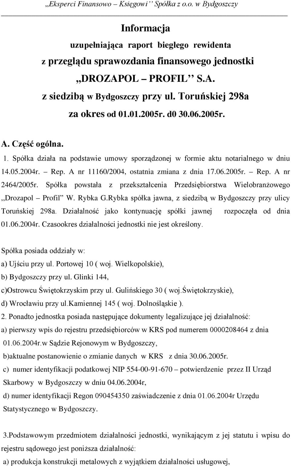 Rep. A nr 11160/2004, ostatnia zmiana z dnia 17.06.2005r. Rep. A nr 2464/2005r. Spółka powstała z przekształcenia Przedsiębiorstwa Wielobranżowego,,Drozapol Profil W. Rybka G.