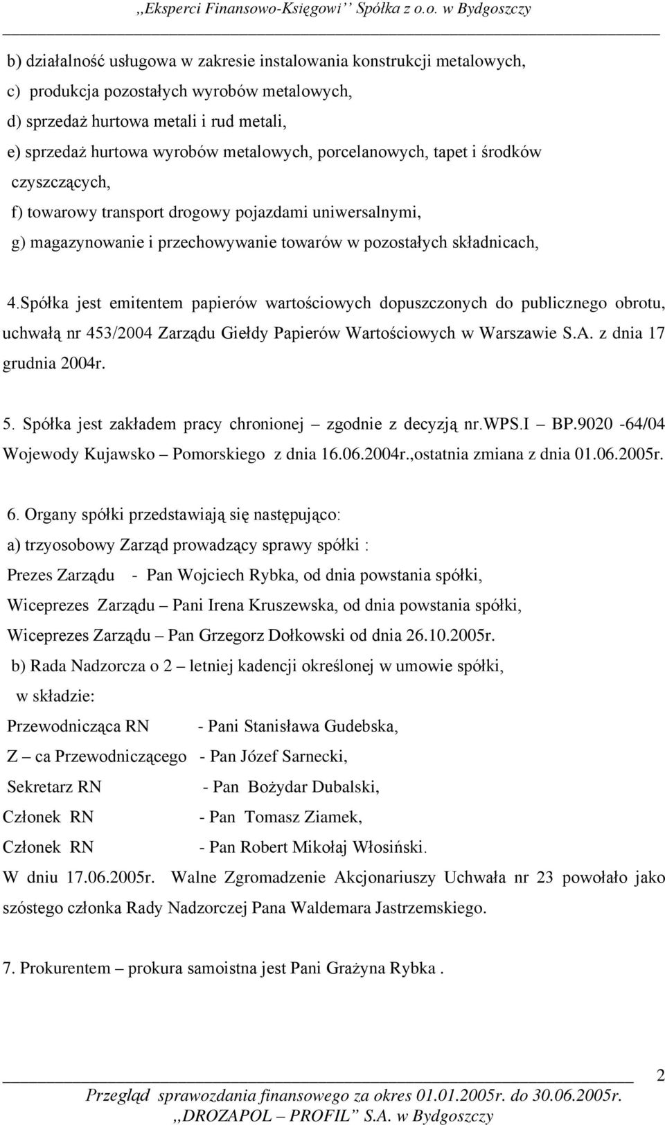 Spółka jest emitentem papierów wartościowych dopuszczonych do publicznego obrotu, uchwałą nr 453/2004 Zarządu Giełdy Papierów Wartościowych w Warszawie S.A. z dnia 17 grudnia 2004r. 5.