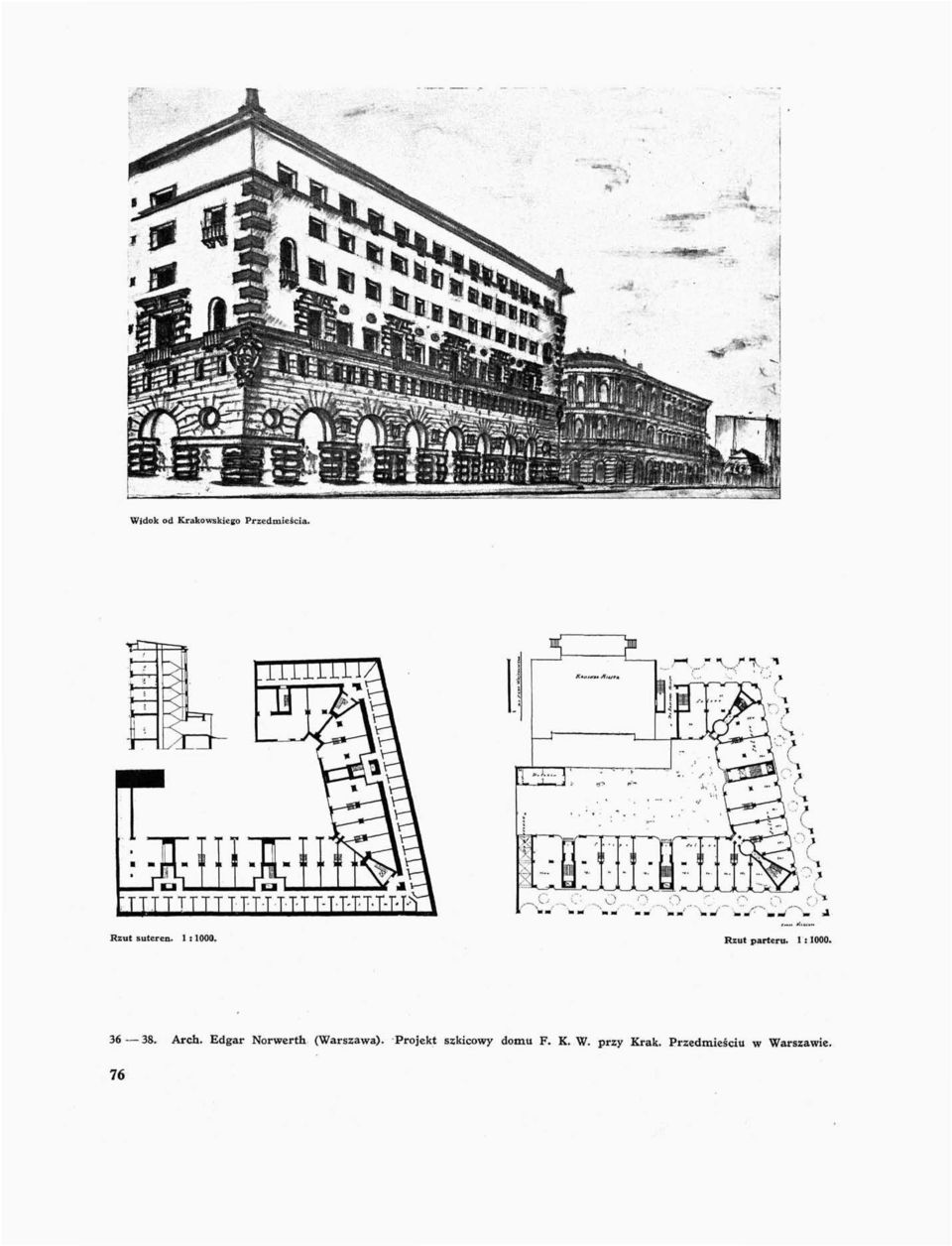 suteren. 1 :1000. Rzut parteru. 1:1000. 36 38. Arch.