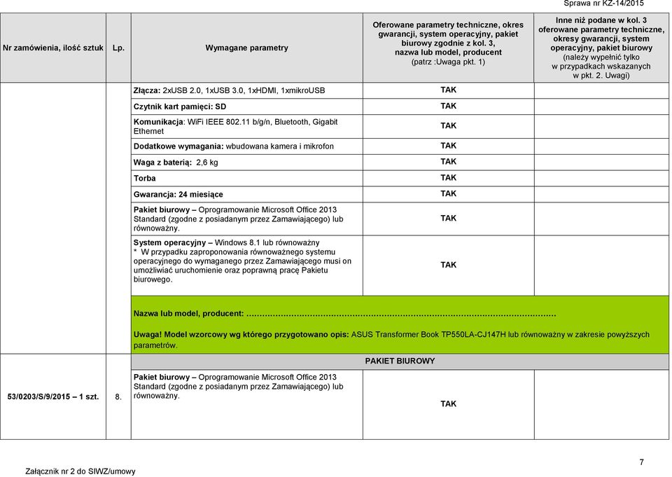 przez Zamawiającego) lub równoważny. System operacyjny Windows 8.