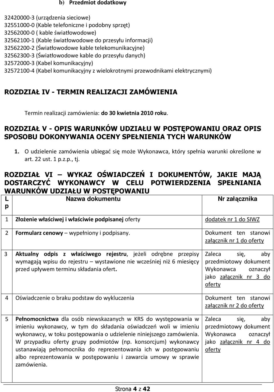 elektrycznymi) ROZDZIAŁ IV - TERMIN REALIZACJI ZAMÓWIENIA Termin realizacji zamówienia: do 30 kwietnia 2010 roku.