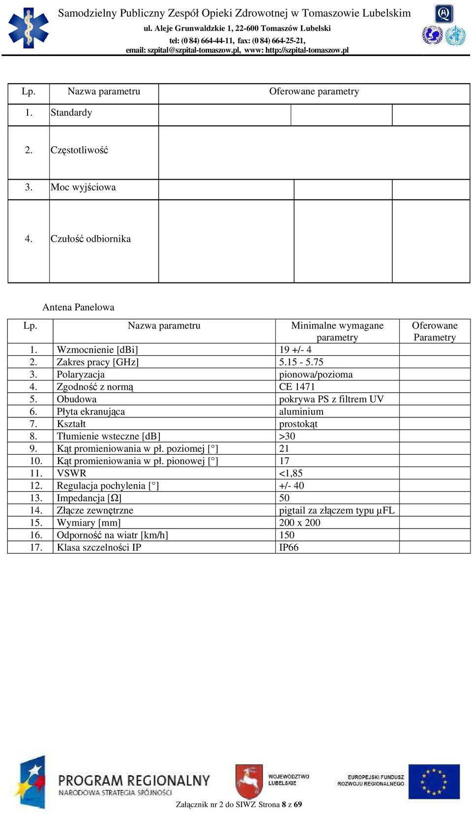 Kształt prostokąt 8. Tłumienie wsteczne [db] >30 9. Kąt promieniowania w pł. poziomej [ ] 21 10. Kąt promieniowania w pł. pionowej [ ] 17 11. VSWR <1,85 12. Regulacja pochylenia [ ] +/- 40 13.