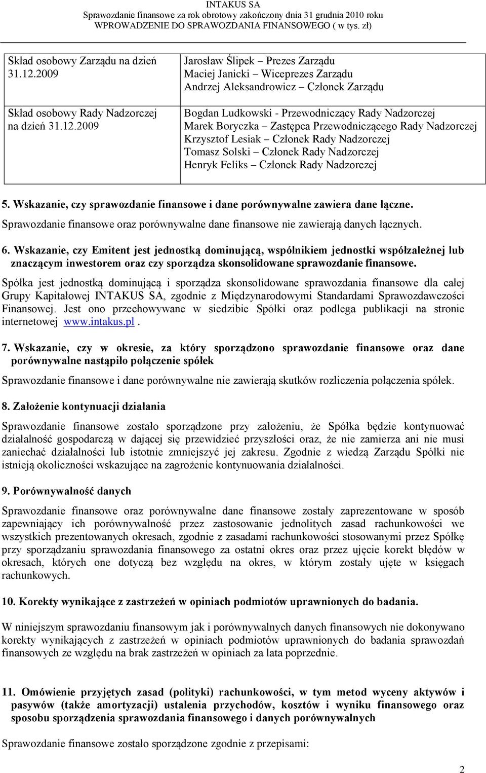 2009 Jarosław Ślipek Prezes Zarządu Maciej Janicki Wiceprezes Zarządu Andrzej Aleksandrowicz Członek Zarządu Bogdan Ludkowski - Przewodniczący Rady Nadzorczej Marek Boryczka Zastępca Przewodniczącego