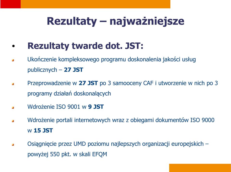 JST po 3 samooceny CAF i utworzenie w nich po 3 programy działań doskonalących Wdrożenie ISO 9001 w 9 JST