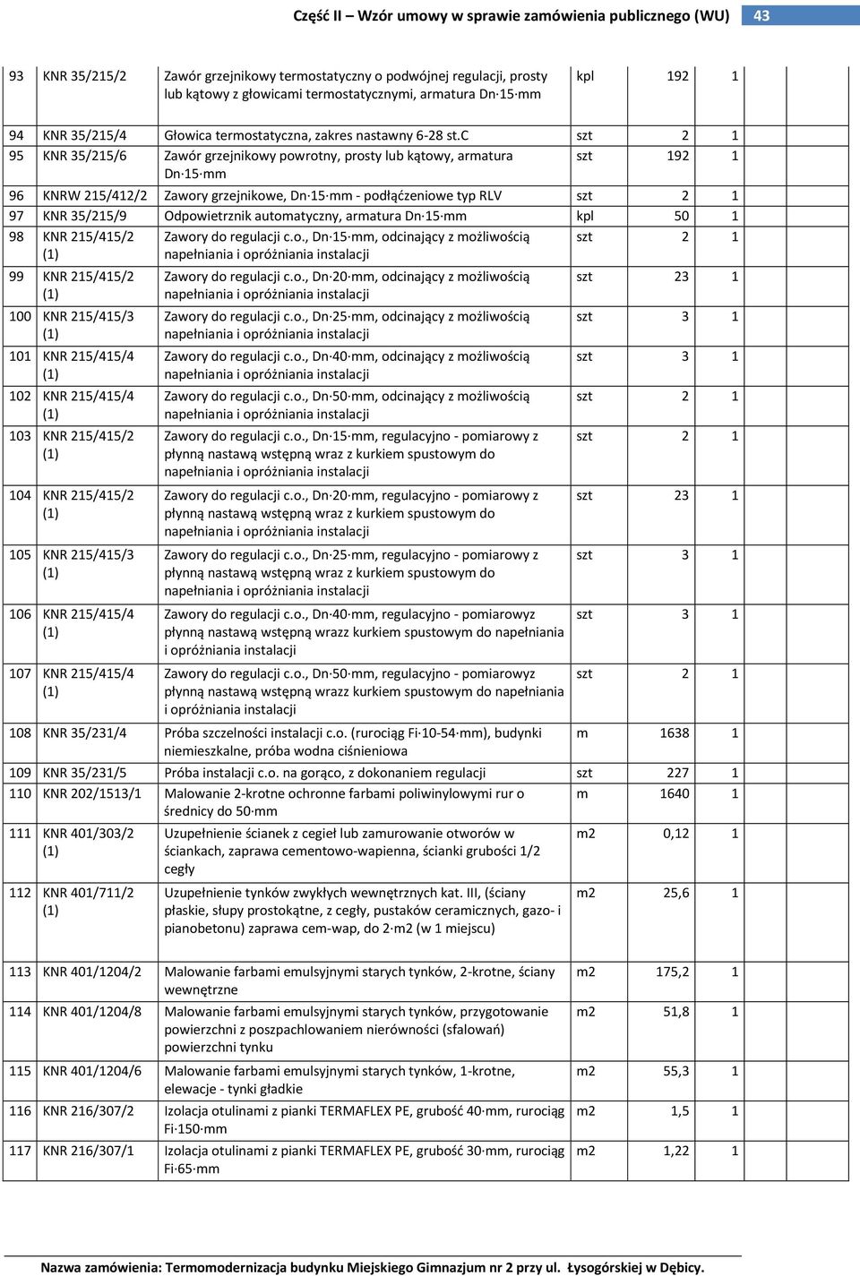 c szt 2 1 95 KNR 35/215/6 Zawór grzejnikowy powrotny, prosty lub kątowy, armatura szt 192 1 Dn 15 mm 96 KNRW 215/412/2 Zawory grzejnikowe, Dn 15 mm - podłąćzeniowe typ RLV szt 2 1 97 KNR 35/215/9