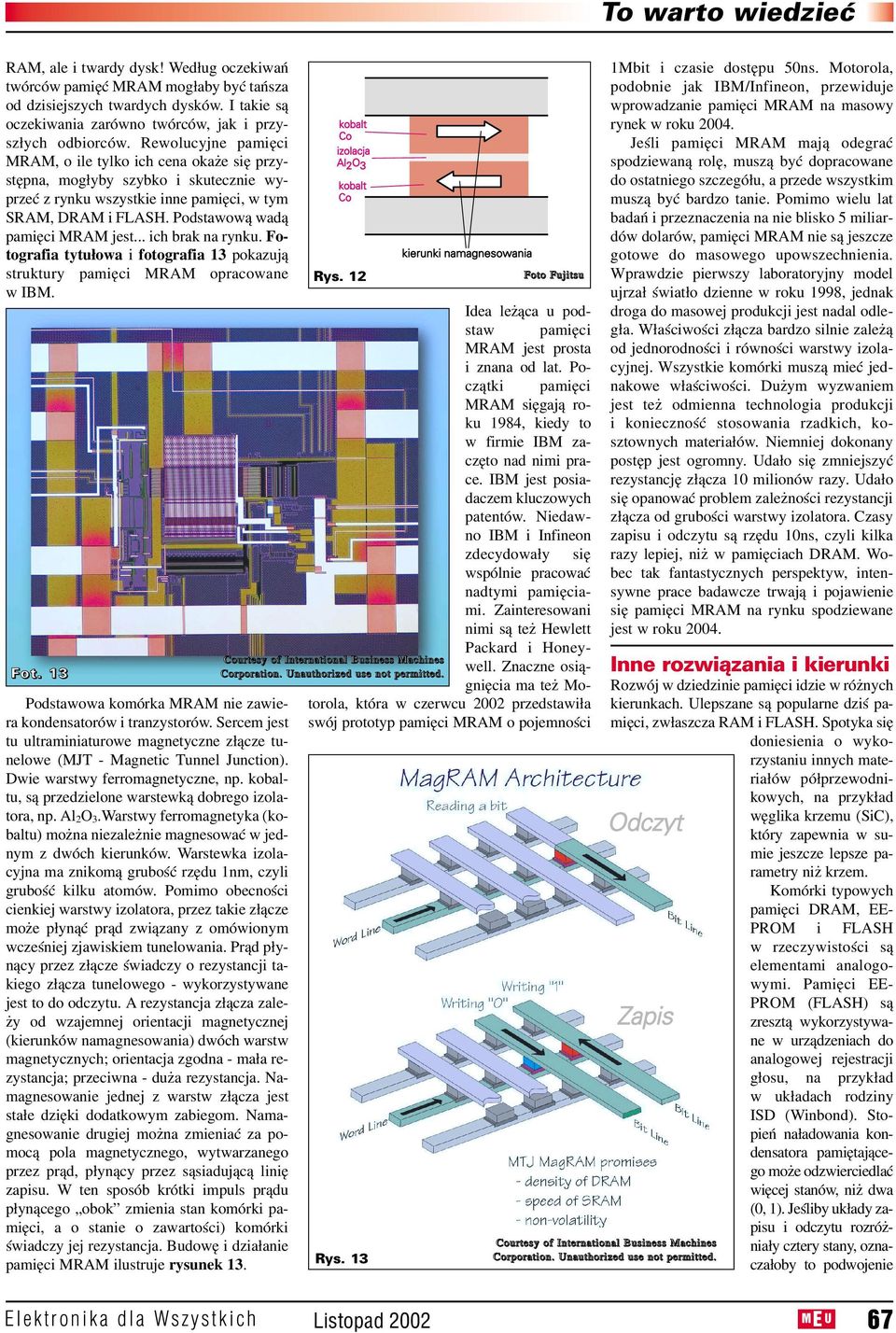 .. ich brak na rynku. Fo tografia tytułowa i fotografia 13 pokazują struktury pamięci MRAM opracowane w IBM. Fot. 13 Podstawowa komórka MRAM nie zawie ra kondensatorów i tranzystorów.