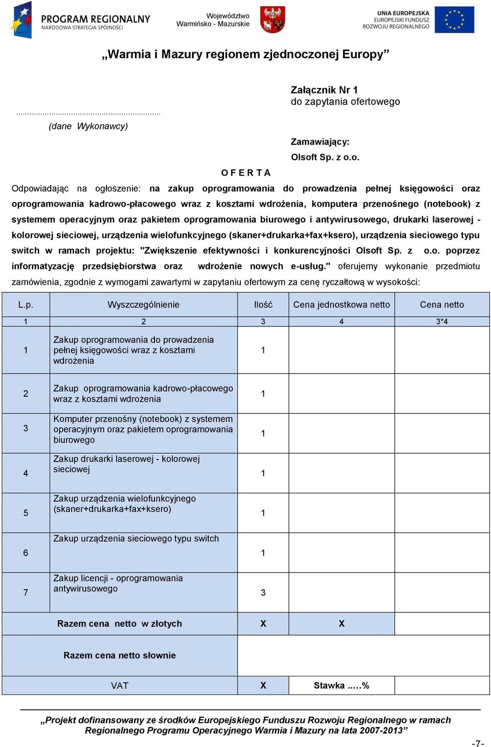 pakietem oprogramowania biurowego i antywirusowego, drukarki laserowej - kolorowej sieciowej, urządzenia wielofunkcyjnego (skaner+drukarka+fax+ksero), urządzenia sieciowego typu switch w ramach