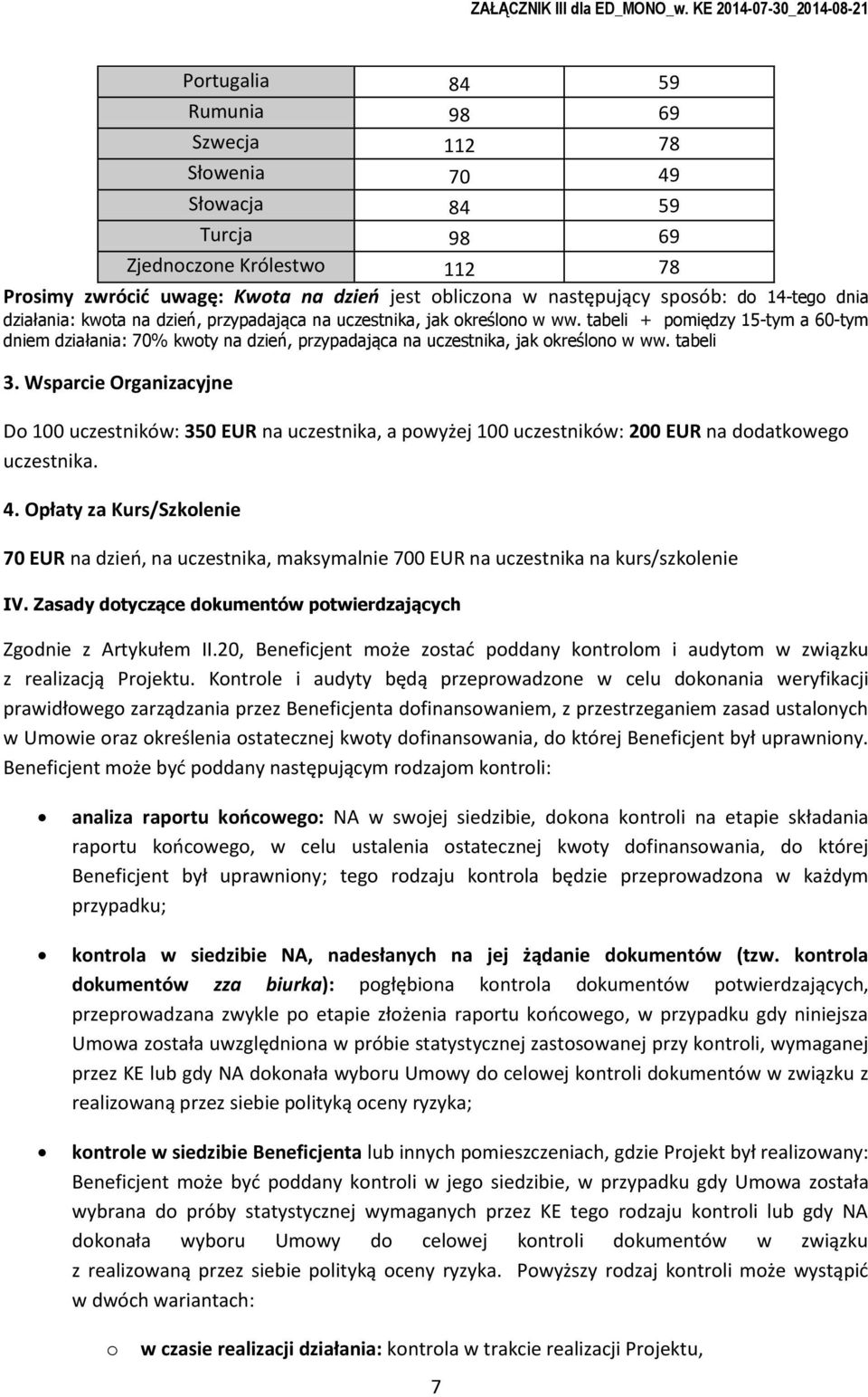 Wsparcie Organizacyjne D 100 uczestników: 350 EUR na uczestnika, a pwyżej 100 uczestników: 200 EUR na ddatkweg uczestnika. 4.