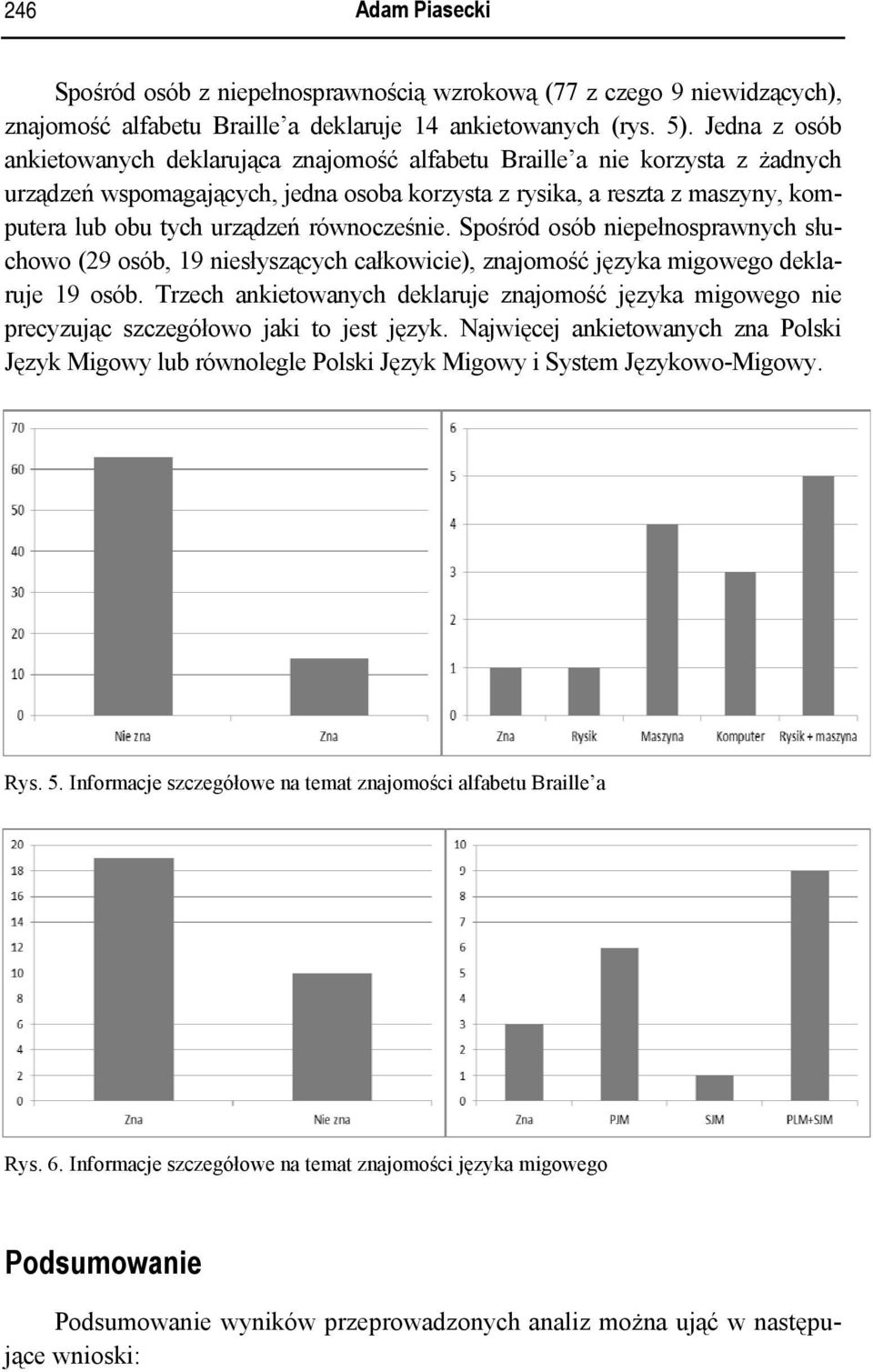 równocześnie. Spośród osób niepełnosprawnych słuchowo (29 osób, 19 niesłyszących całkowicie), znajomość języka migowego deklaruje 19 osób.