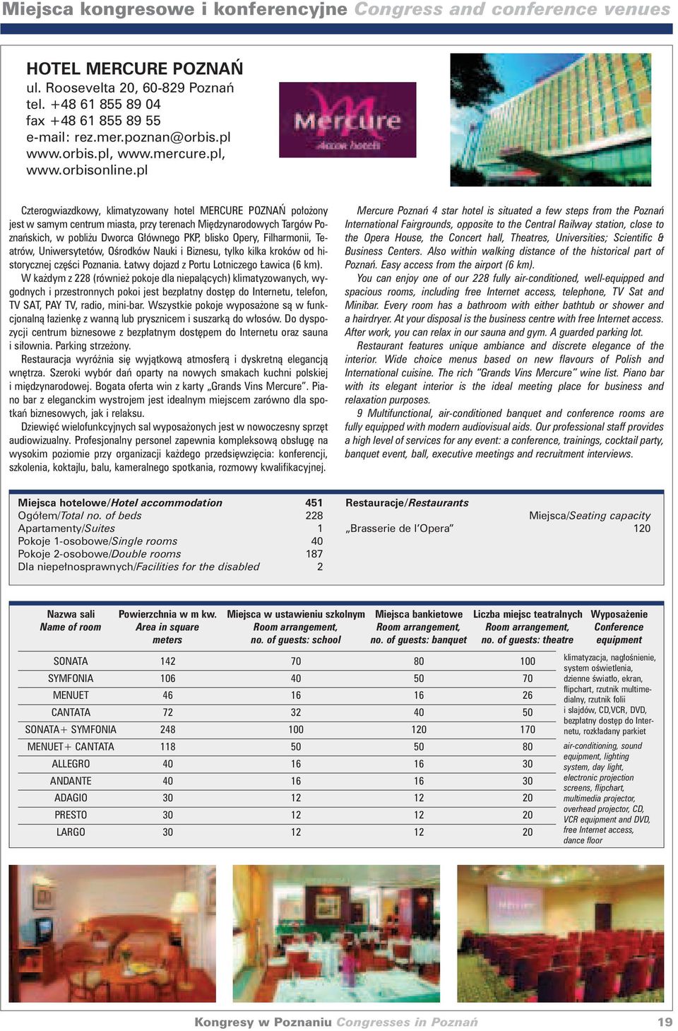 pl Czterogwiazdkowy, klimatyzowany hotel MERCURE POZNA po o ony jest w samym centrum miasta, przy terenach Mi dzynarodowych Targów Poznaƒskich, w pobli u Dworca G ównego PKP, blisko Opery,