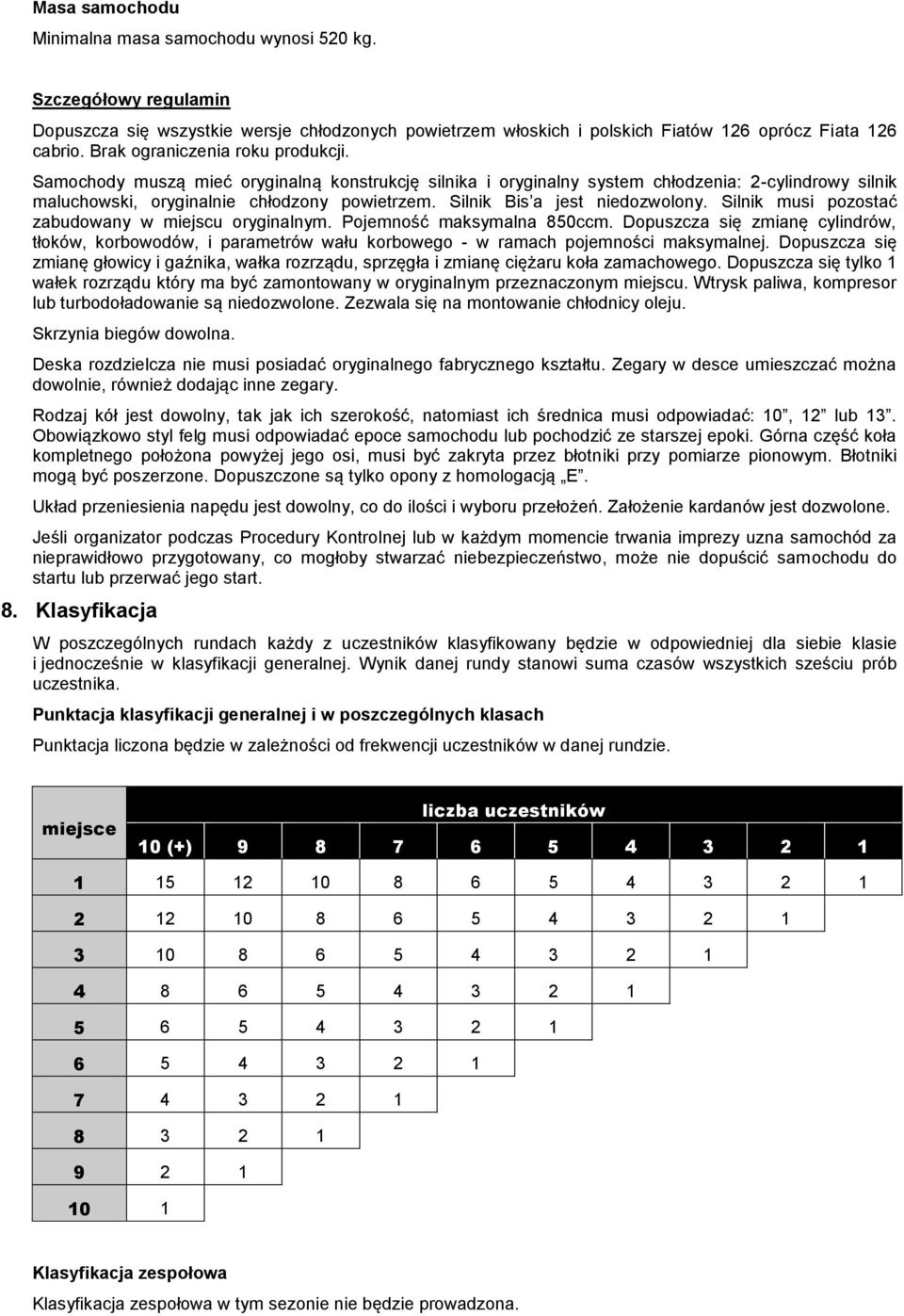 Silnik Bis a jest niedozwolony. Silnik musi pozostać zabudowany w miejscu oryginalnym. Pojemność maksymalna 850ccm.