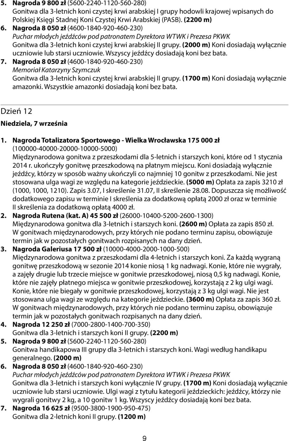 Wszyscy jeźdźcy dosiadają koni bez bata. 7. Nagroda 8 050 zł (4600-1840-920-460-230) Memoriał Katarzyny Szymczuk Gonitwa dla 3-letnich koni czystej krwi arabskiej II grupy.