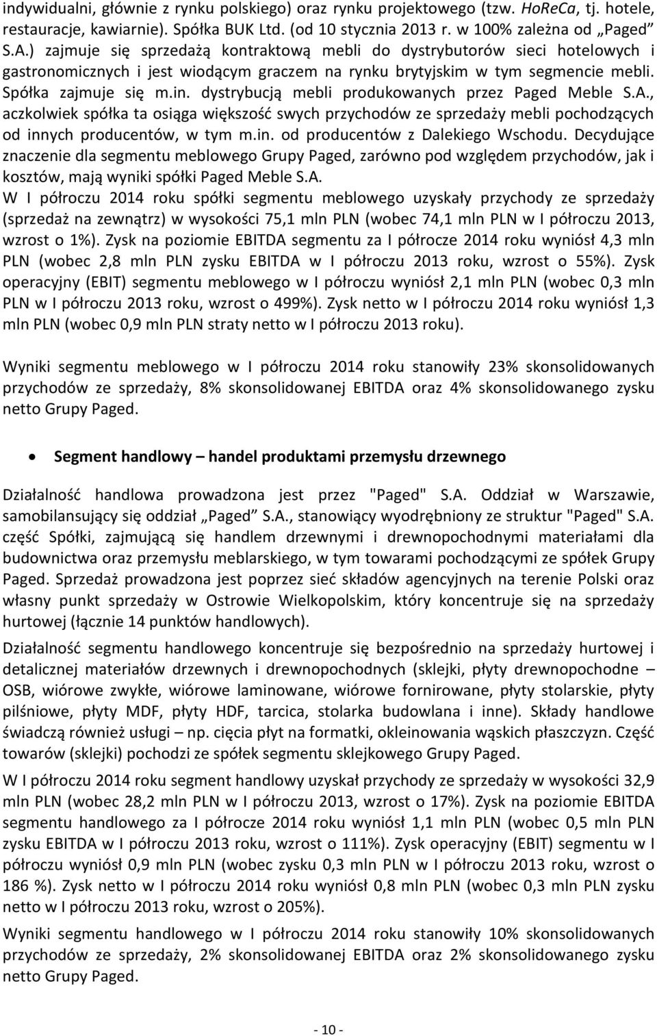 dystrybucją mebli produkowanych przez Paged Meble S.A., aczkolwiek spółka ta osiąga większość swych przychodów ze sprzedaży mebli pochodzących od innych producentów, w tym m.in. od producentów z Dalekiego Wschodu.