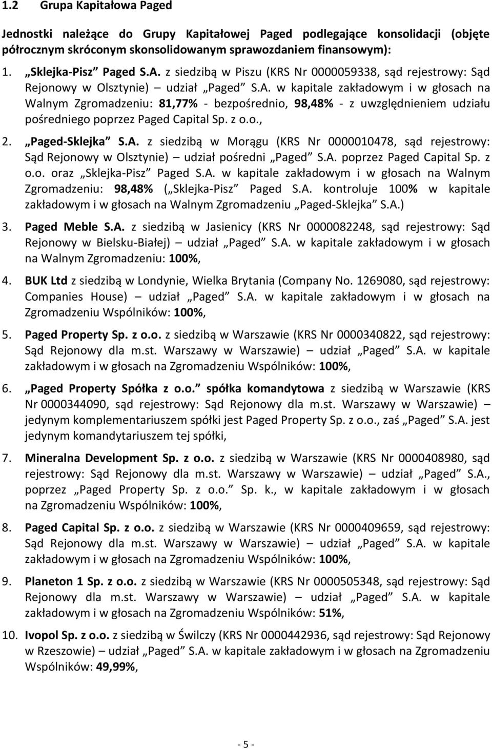 w kapitale zakładowym i w głosach na Walnym Zgromadzeniu: 81,77% - bezpośrednio, 98,48% - z uwzględnieniem udziału pośredniego poprzez Paged Capital Sp. z o.o., 2. Paged-Sklejka S.A.
