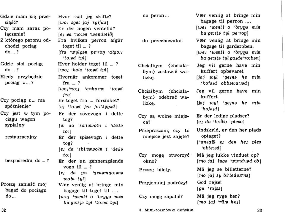 [el da 'no:ijn 'wendijti6 ] Fra hvilken perron afgar toget til...? [fra 'wylgijn pe 'roy 'algo:1 'to:ijd tyl] Hvor holder toget til...? [WOI 'holo 'to:ijd tyl ] Hvornar ankommer toget fra.