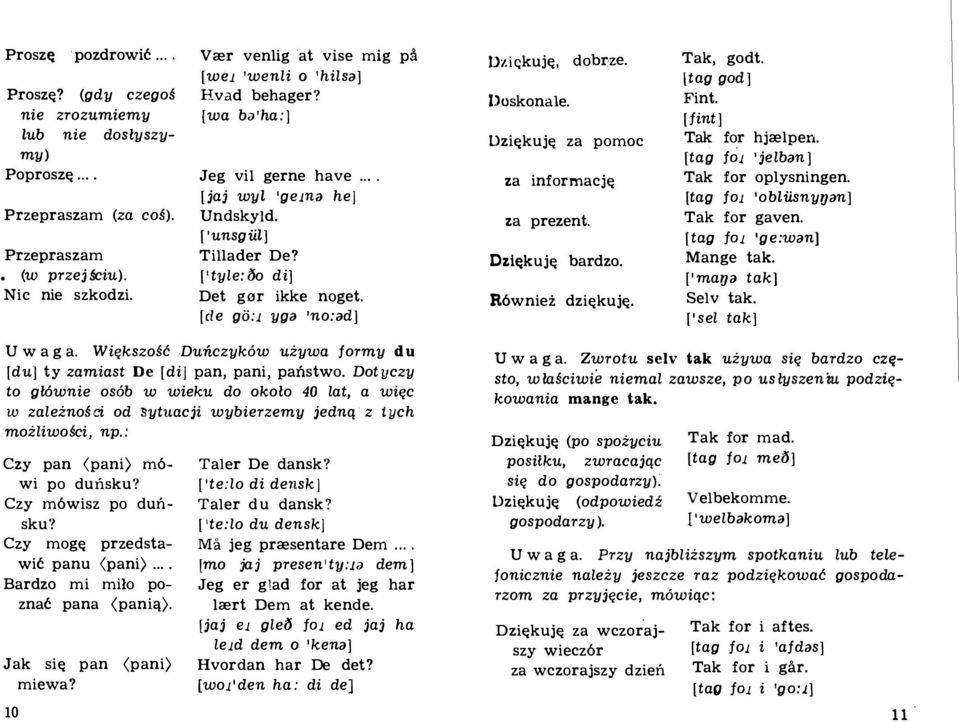 [de go:l yga 'no:ad] D igkuj, dobrze. Doskonale. Uzi kuj za pomoc za informacj za prezent. Dzi kuj bardzo. R6wniez dzi kuj. Tak, godt. [tag god] Fint. [fint] Tak for hjrelpen.