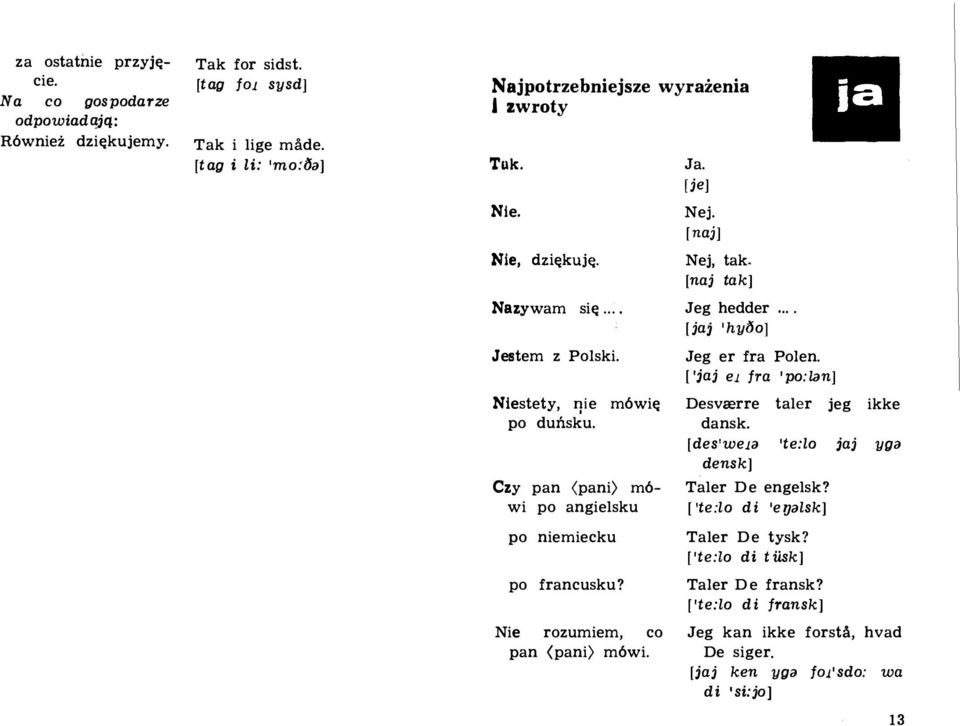 [je] Nej. [naj ] Nej, tak. [naj tak ] Jeg hedder.... [ja; 'hyi5oj Jeg er fra Polen. ['jaj el fra 'po:zan] Desvcerre taler jeg dansk.