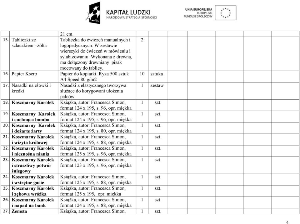 Nasadki na ołówki i Nasadki z elastycznego tworzywa kredki służące do korygowani ułożenia palców 18. Koszmarny Karolek Książka, autor: Francesca Simon, format 124 x 195, s. 96, opr. miękka 19.