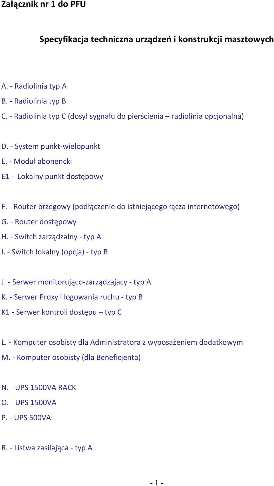 - Router brzegowy (podłączenie do istniejącego łącza internetowego) G. - Router dostępowy H. - Switch zarządzalny - typ A I. - Switch lokalny (opcja)- typ B J.