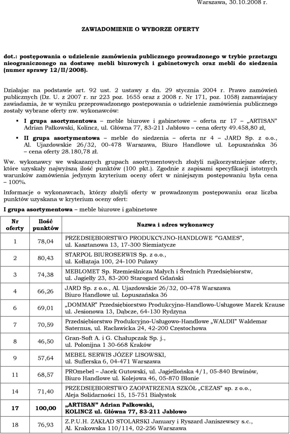 Działając na podstawie art. 92 ust. 2 ustawy z dn. 29 stycznia 2004 r. Prawo zamówień publicznych (Dz. U. z 2007 r. nr 223 poz. 1655 oraz z 2008 r. Nr 171, poz.