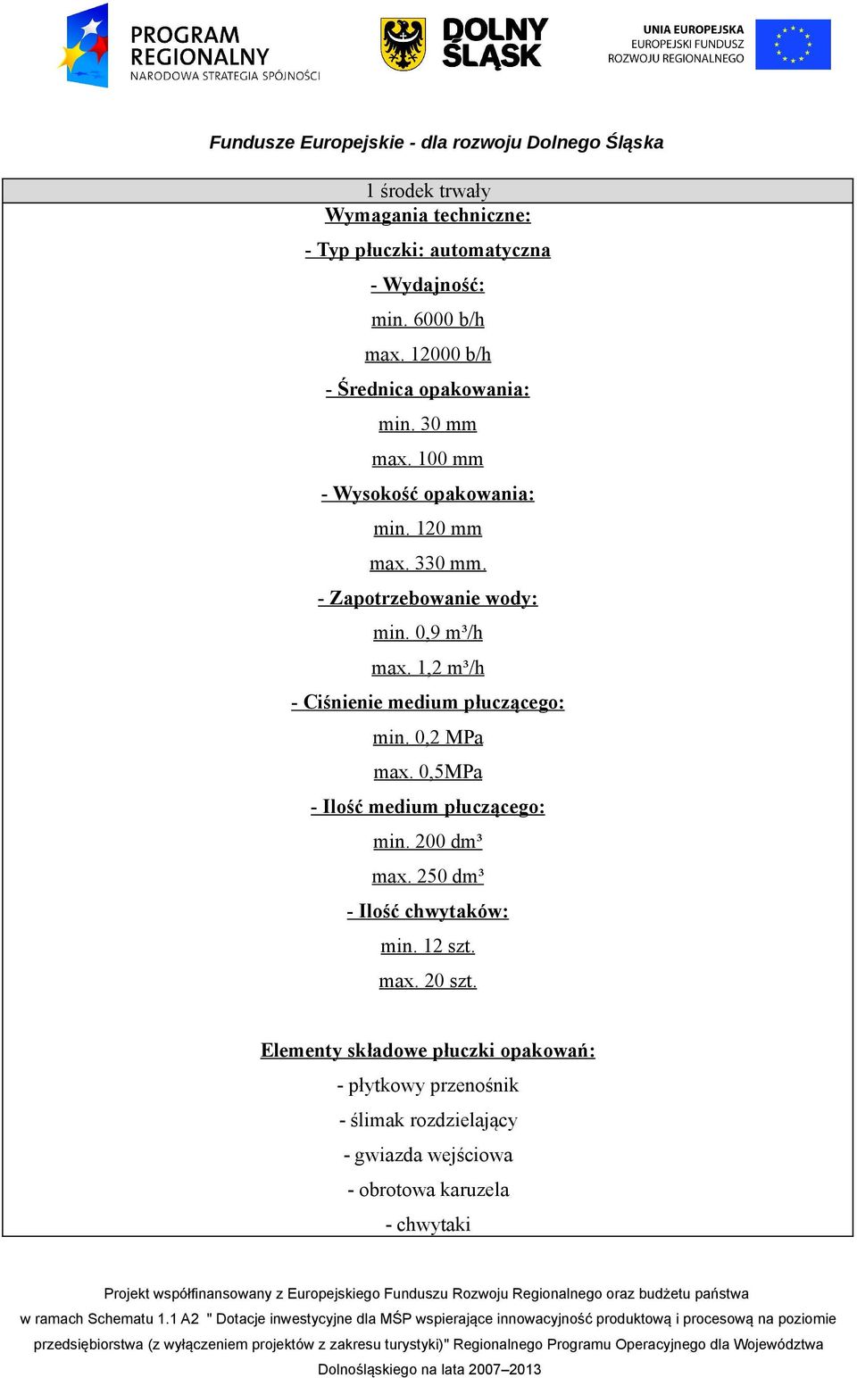 1,2 m³/h - Ciśnienie medium płuczącego: min. 0,2 MPa max. 0,5MPa - Ilość medium płuczącego: min. 200 dm³ max.