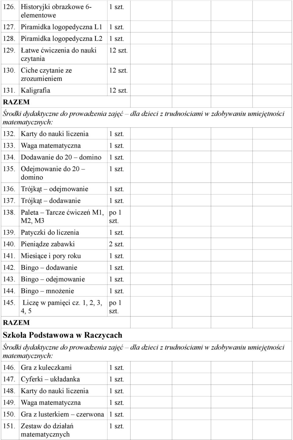 Dodawanie do 20 domino 135. Odejmowanie do 20 domino 136. Trójkąt odejmowanie 137. Trójkąt dodawanie 138. Paleta Tarcze ćwiczeń M1, M2, M3 po 1 139. Patyczki do liczenia 140. Pieniądze zabawki 2 141.