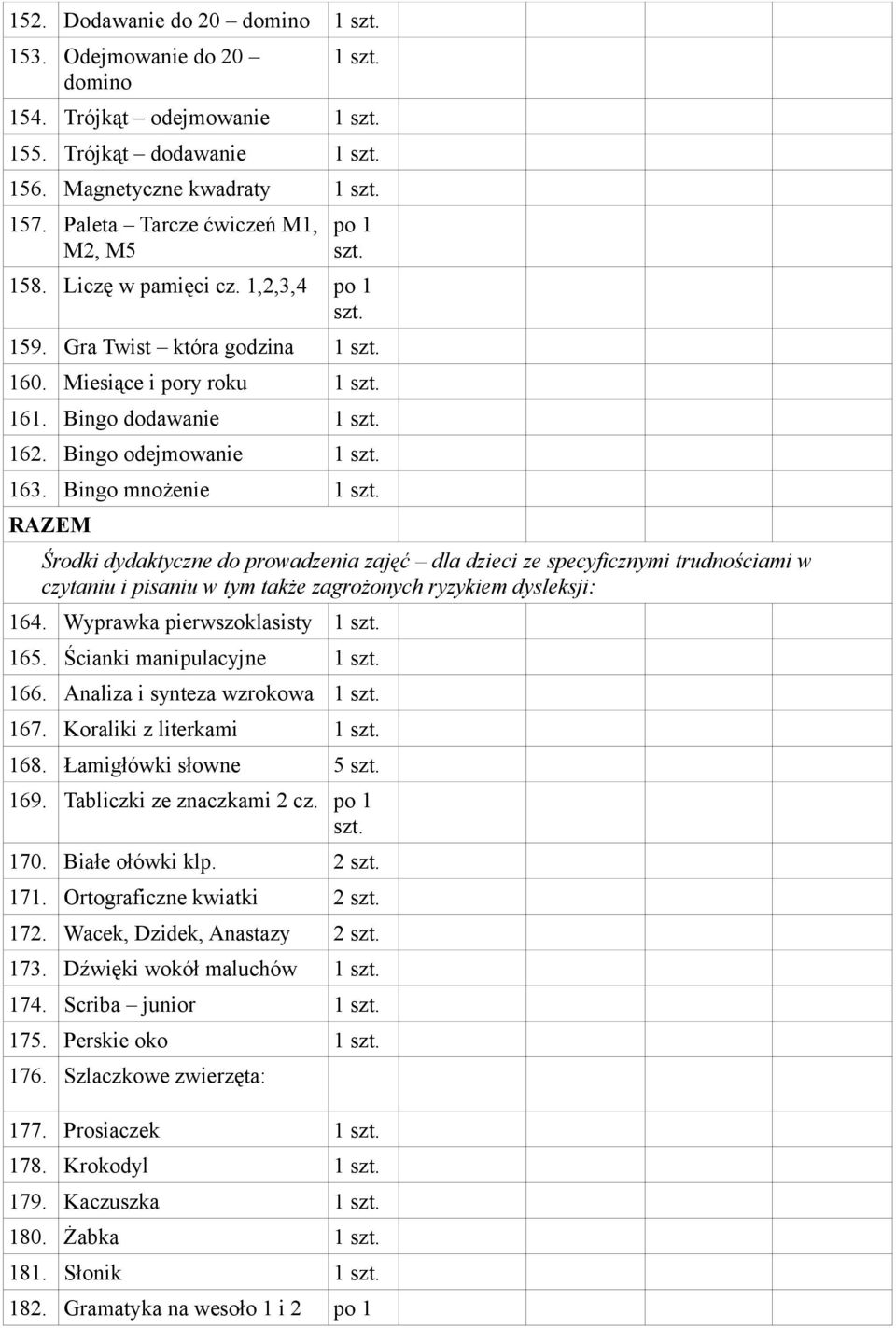 Bingo mnożenie Środki dydaktyczne do prowadzenia zajęć dla dzieci ze specyficznymi trudnościami w czytaniu i pisaniu w tym także zagrożonych ryzykiem dysleksji: 164. Wyprawka pierwszoklasisty 165.