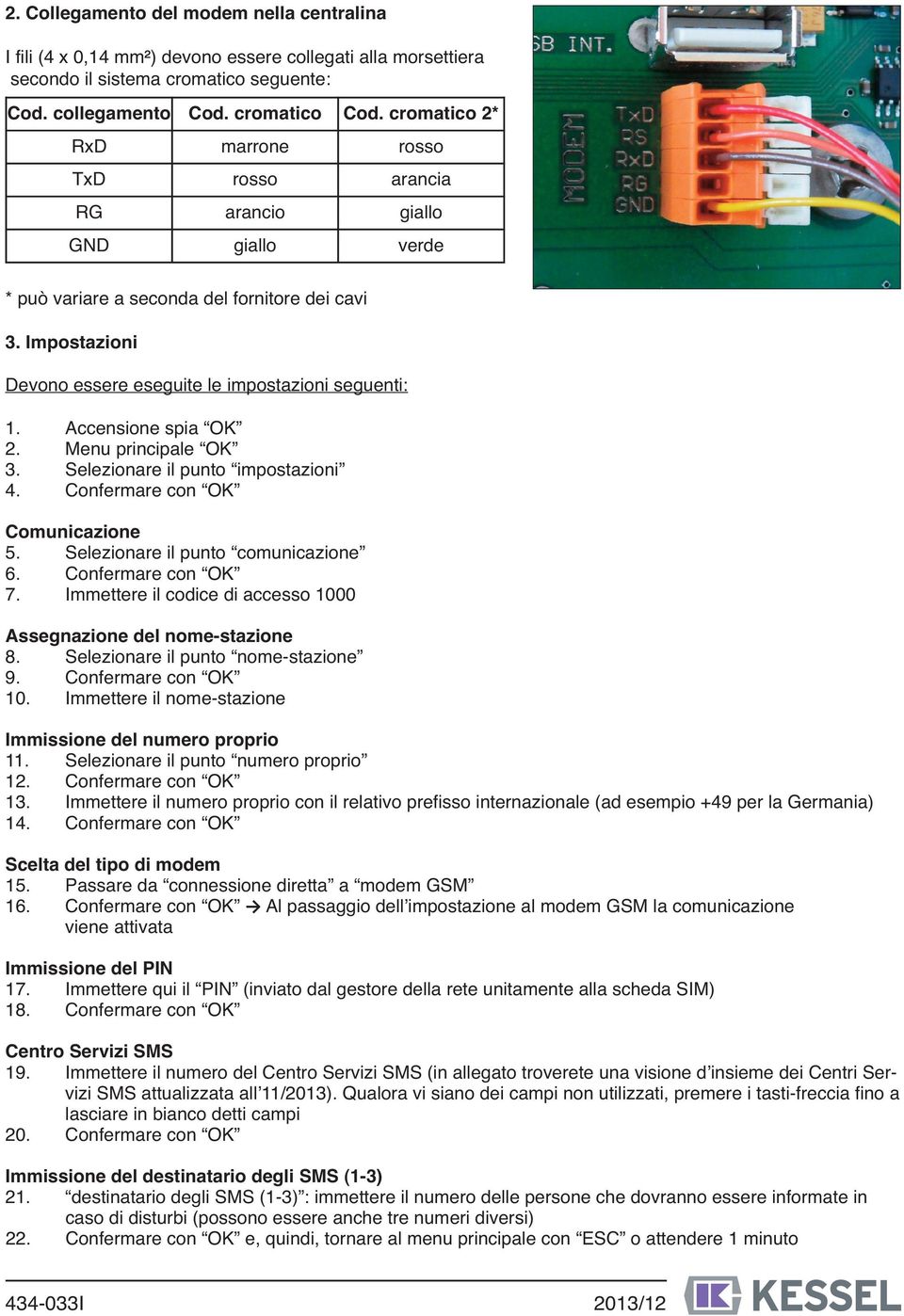 Accensione spia OK 2. Menu principale OK 3. Selezionare il punto impostazioni 4. Confermare con OK Comunicazione 5. Selezionare il punto comunicazione 6. Confermare con OK 7.